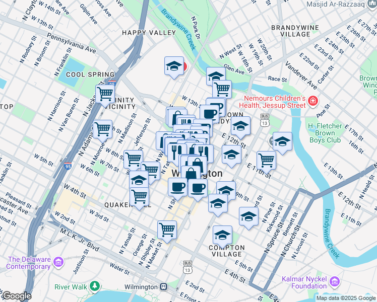 map of restaurants, bars, coffee shops, grocery stores, and more near 903 North Shipley Street in Wilmington