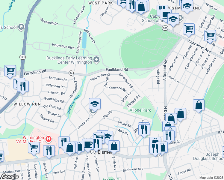 map of restaurants, bars, coffee shops, grocery stores, and more near 1310 Dewson Lane in Wilmington