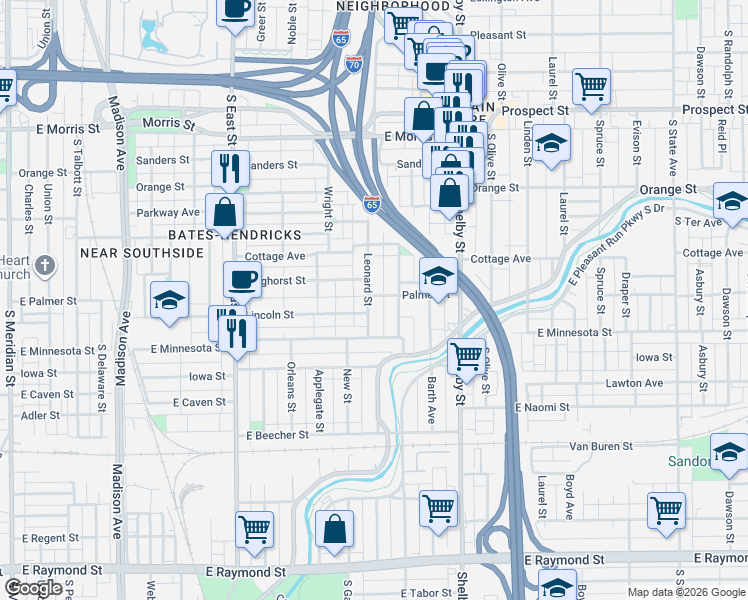 map of restaurants, bars, coffee shops, grocery stores, and more near 1627 Leonard Street in Indianapolis