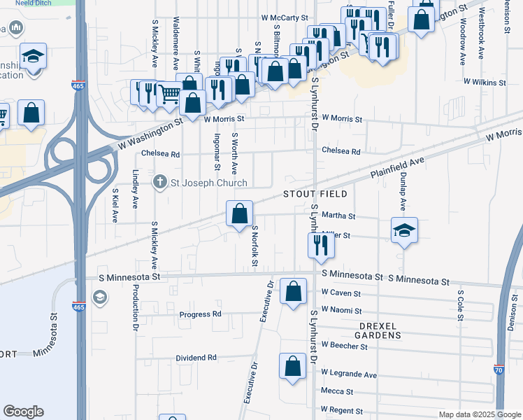 map of restaurants, bars, coffee shops, grocery stores, and more near 1510 South Biltmore Avenue in Indianapolis