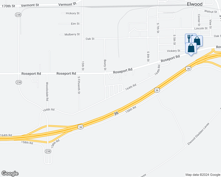 map of restaurants, bars, coffee shops, grocery stores, and more near 164th Road in Wathena