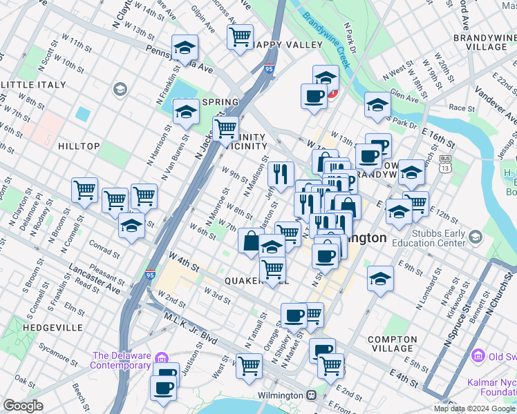 map of restaurants, bars, coffee shops, grocery stores, and more near 813-1/2 North Jefferson Street in Wilmington