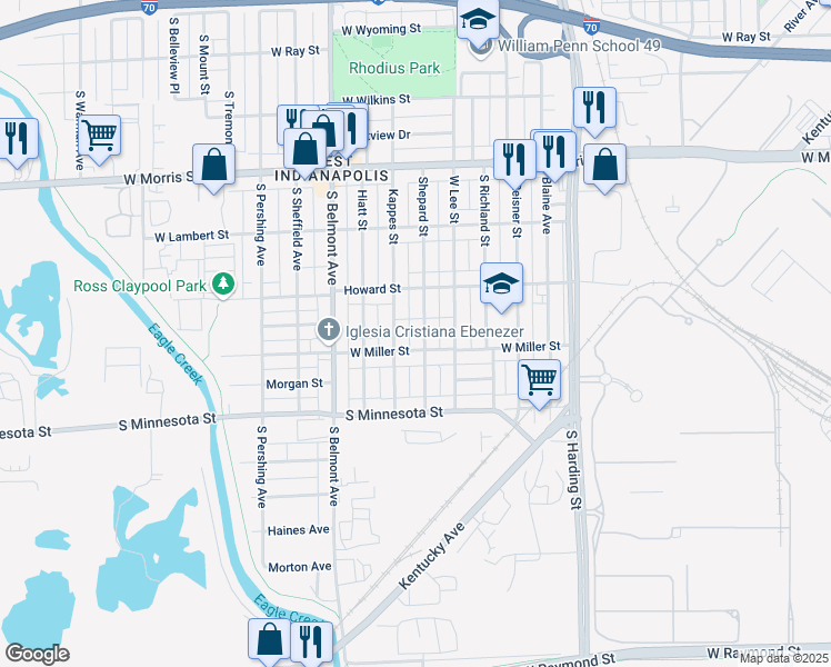 map of restaurants, bars, coffee shops, grocery stores, and more near 1831 Miller Street in Indianapolis