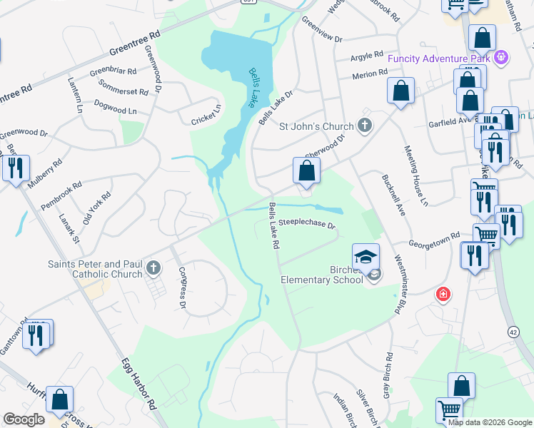 map of restaurants, bars, coffee shops, grocery stores, and more near 2 Patriot Lane in Washington Township