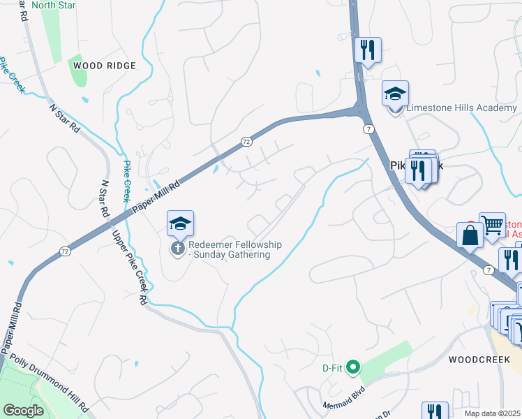 map of restaurants, bars, coffee shops, grocery stores, and more near 114 Monet Circle in Wilmington