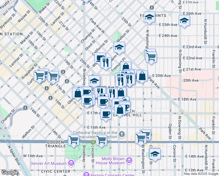map of restaurants, bars, coffee shops, grocery stores, and more near 1838 Grant Street in Denver