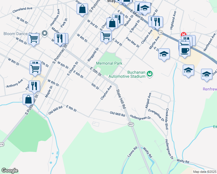 map of restaurants, bars, coffee shops, grocery stores, and more near 512 Clayton Avenue in Waynesboro