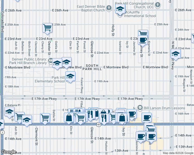 map of restaurants, bars, coffee shops, grocery stores, and more near 1795 Grape Street in Denver