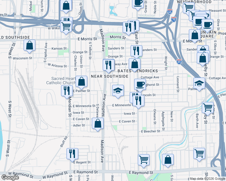 map of restaurants, bars, coffee shops, grocery stores, and more near 1548 South Alabama Street in Indianapolis