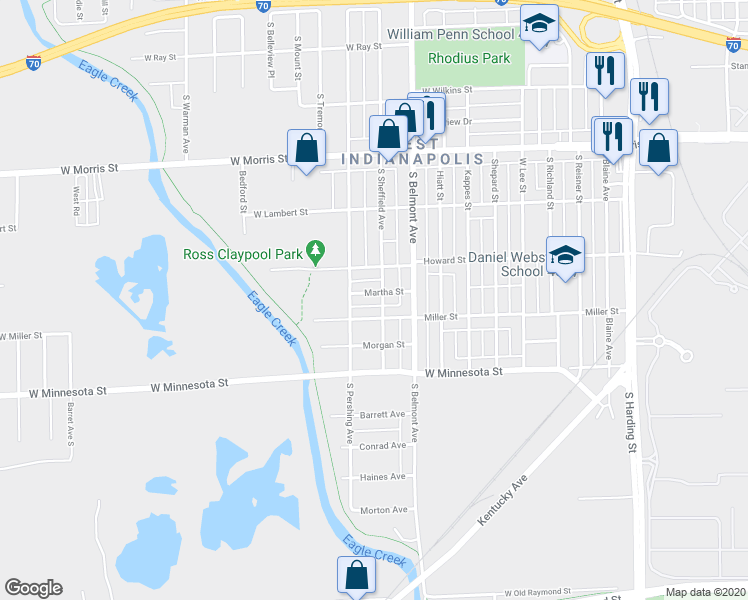 map of restaurants, bars, coffee shops, grocery stores, and more near 2209 Martha Street in Indianapolis