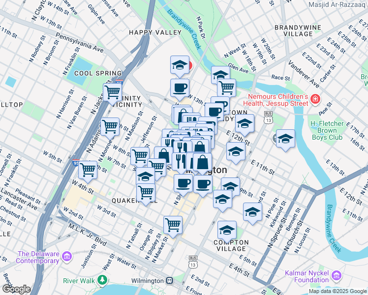 map of restaurants, bars, coffee shops, grocery stores, and more near 222 West 9th Street in Wilmington