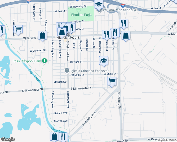 map of restaurants, bars, coffee shops, grocery stores, and more near 1453 Shepard Street in Indianapolis