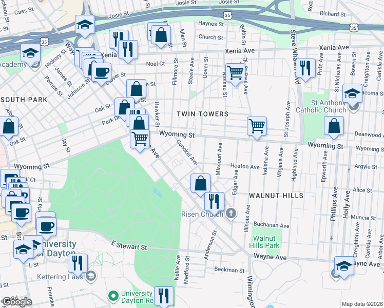 map of restaurants, bars, coffee shops, grocery stores, and more near 111 Gunckel Avenue in Dayton