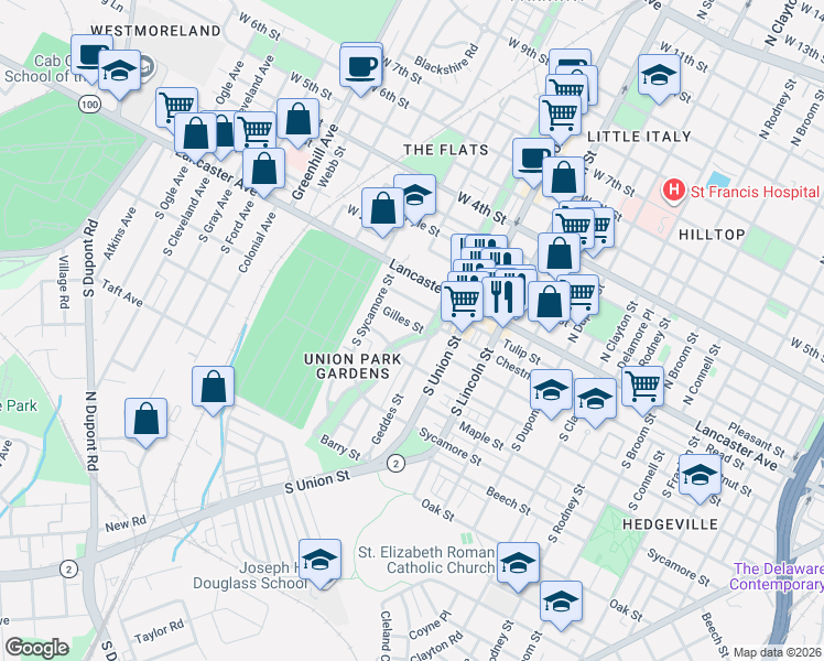 map of restaurants, bars, coffee shops, grocery stores, and more near 220 South Bancroft Parkway in Wilmington