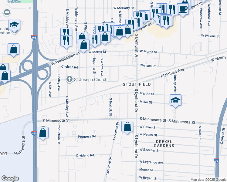 map of restaurants, bars, coffee shops, grocery stores, and more near 1510 South Biltmore Avenue in Indianapolis