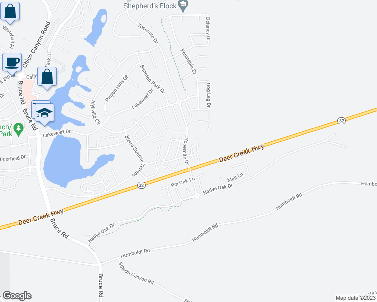 map of restaurants, bars, coffee shops, grocery stores, and more near 1435 Yosemite Drive in Chico