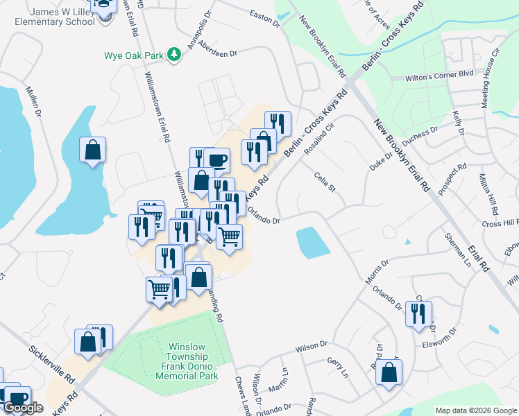 map of restaurants, bars, coffee shops, grocery stores, and more near 182 Orlando Drive in Sicklerville