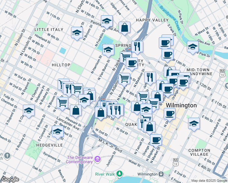 map of restaurants, bars, coffee shops, grocery stores, and more near 5 Beatty Place in Wilmington