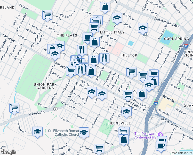 map of restaurants, bars, coffee shops, grocery stores, and more near 135 North Dupont Street in Wilmington