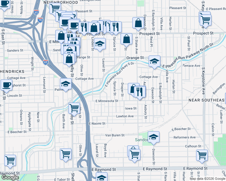 map of restaurants, bars, coffee shops, grocery stores, and more near 1631 Brier Place in Indianapolis