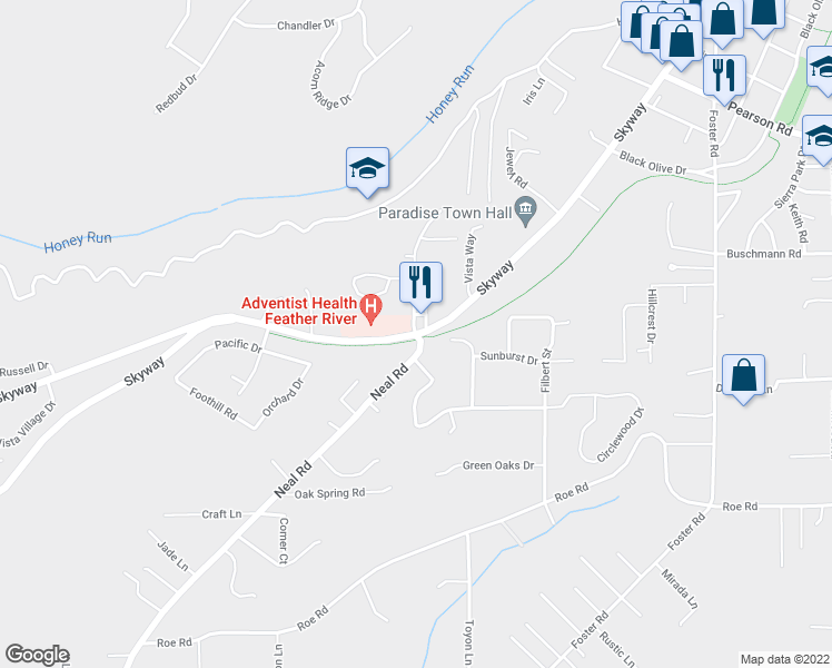 map of restaurants, bars, coffee shops, grocery stores, and more near Skyway Road & Neal Road in Paradise