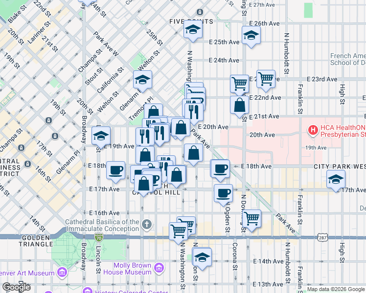map of restaurants, bars, coffee shops, grocery stores, and more near East 19th Avenue & Washington Street in Denver