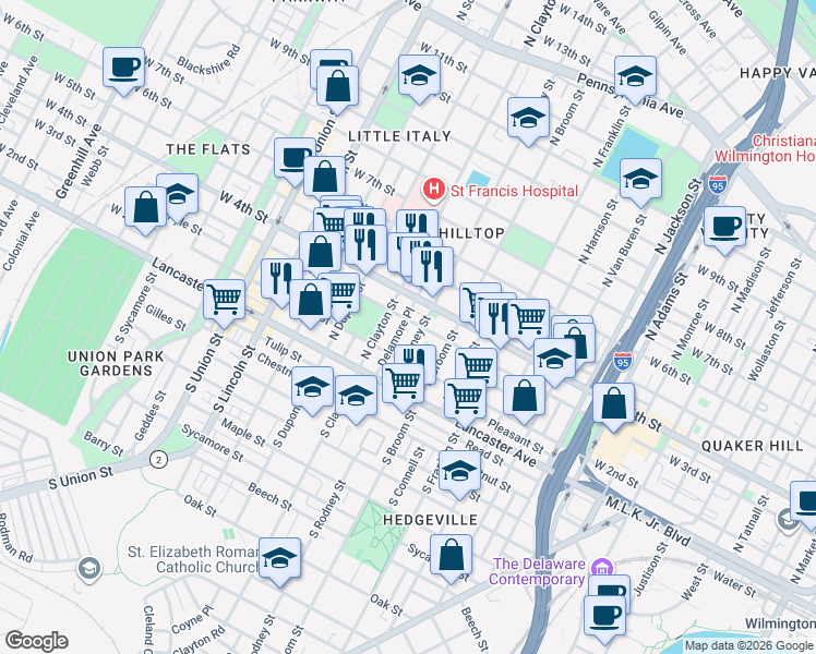 map of restaurants, bars, coffee shops, grocery stores, and more near 200 Delamore Place in Wilmington