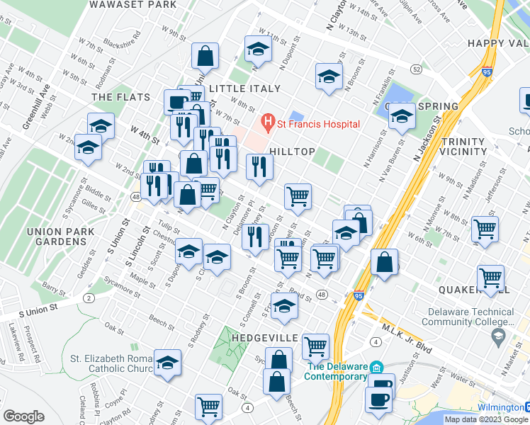 map of restaurants, bars, coffee shops, grocery stores, and more near 302 North Rodney Street in Wilmington