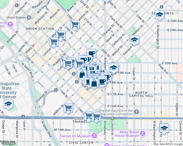 map of restaurants, bars, coffee shops, grocery stores, and more near in Denver