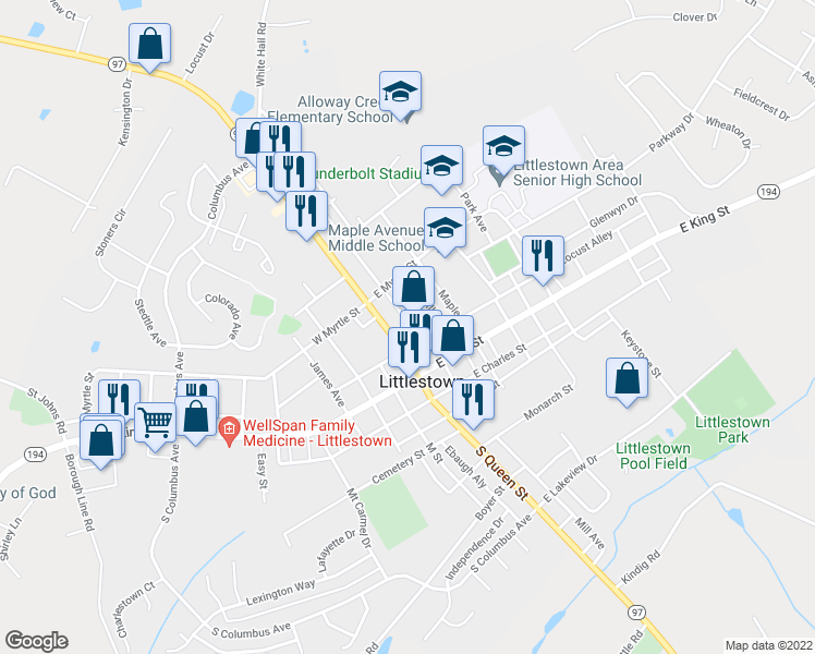 map of restaurants, bars, coffee shops, grocery stores, and more near 43 North Queen Street in Littlestown