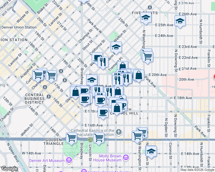 map of restaurants, bars, coffee shops, grocery stores, and more near E 19th Ave & Grant St in Denver