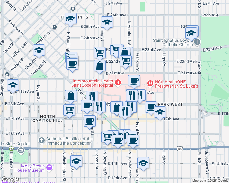 map of restaurants, bars, coffee shops, grocery stores, and more near 1375 East 19th Avenue in Denver