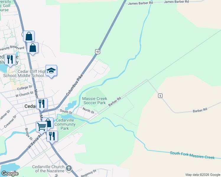 map of restaurants, bars, coffee shops, grocery stores, and more near 3480 Barber Road in Cedarville