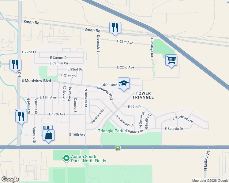 map of restaurants, bars, coffee shops, grocery stores, and more near 19550 East 18th Place in Aurora
