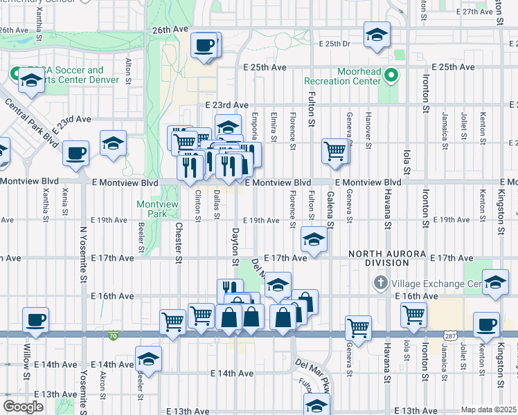 map of restaurants, bars, coffee shops, grocery stores, and more near 1790 Del Mar Parkway in Aurora