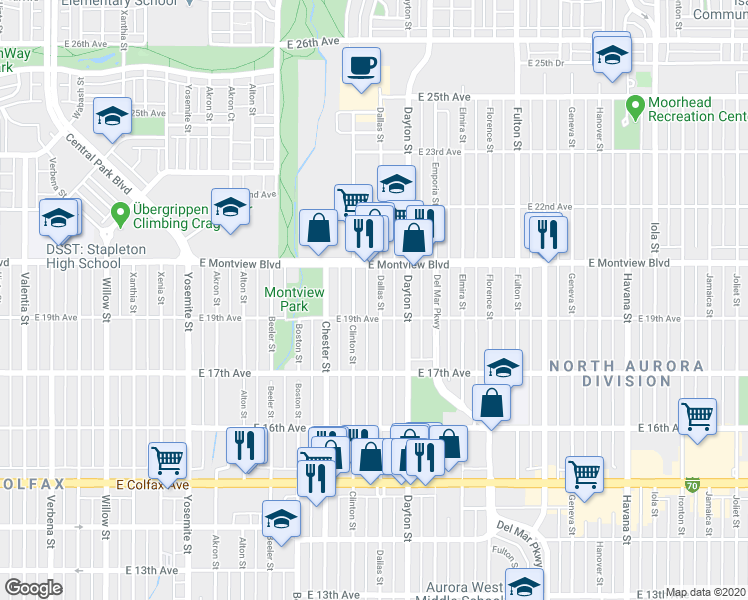 map of restaurants, bars, coffee shops, grocery stores, and more near 9591 East 19th Avenue in Aurora