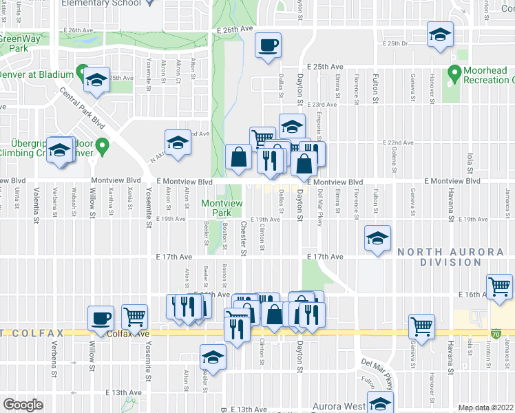 map of restaurants, bars, coffee shops, grocery stores, and more near 1788 Chester Street in Aurora