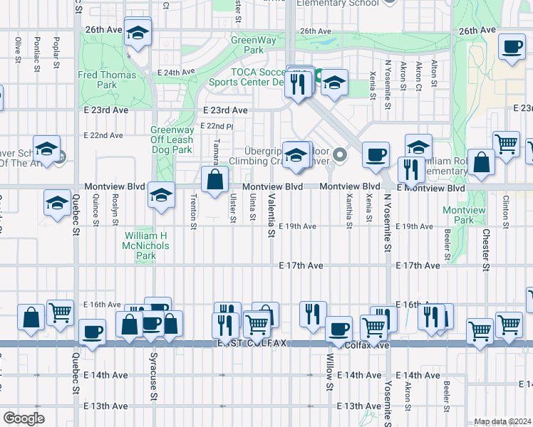 map of restaurants, bars, coffee shops, grocery stores, and more near 1791 Valentia Street in Denver