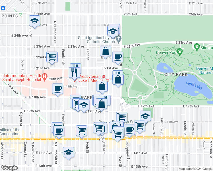 map of restaurants, bars, coffee shops, grocery stores, and more near 1837 Vine Street in Denver