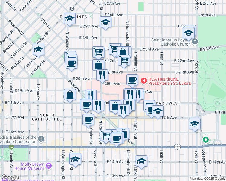 map of restaurants, bars, coffee shops, grocery stores, and more near 1833 North Lafayette Street in Denver