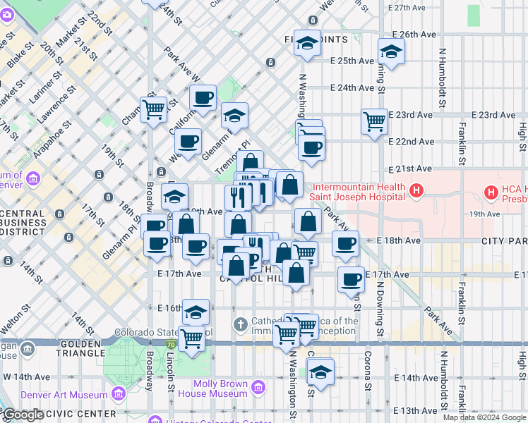 map of restaurants, bars, coffee shops, grocery stores, and more near in Denver