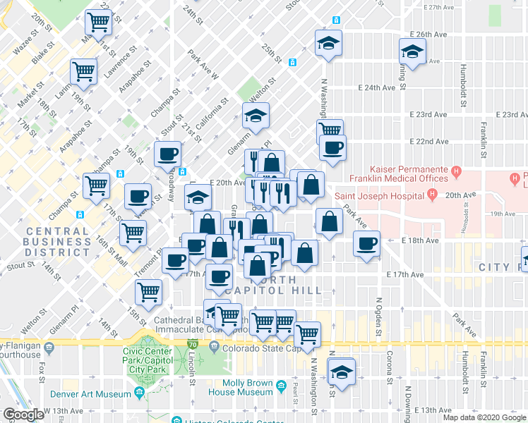 map of restaurants, bars, coffee shops, grocery stores, and more near in Denver