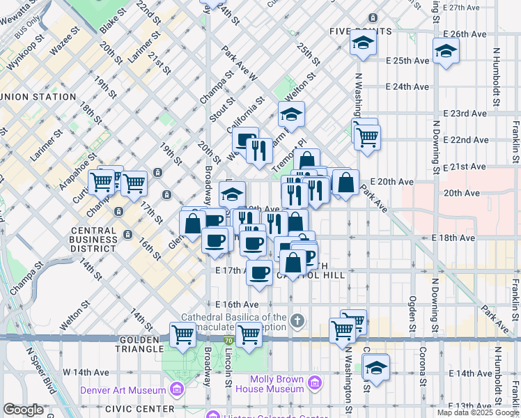 map of restaurants, bars, coffee shops, grocery stores, and more near 1838 Grant Street in Denver