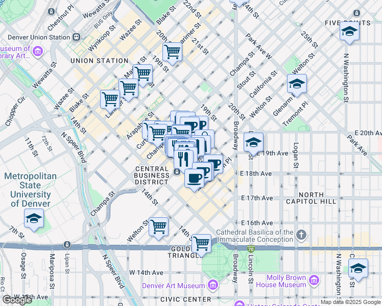 map of restaurants, bars, coffee shops, grocery stores, and more near 1600 California Street in Denver
