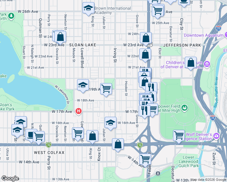 map of restaurants, bars, coffee shops, grocery stores, and more near 1817 Irving Street in Denver