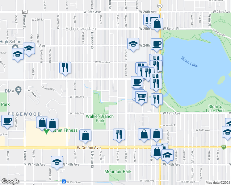 map of restaurants, bars, coffee shops, grocery stores, and more near 1800 Fenton Street in Lakewood