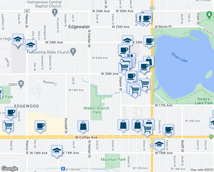 map of restaurants, bars, coffee shops, grocery stores, and more near 1800 Fenton Street in Lakewood