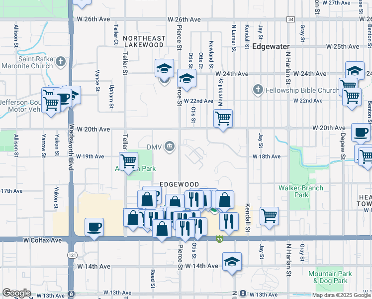 map of restaurants, bars, coffee shops, grocery stores, and more near 1801 Pierce Street in Lakewood