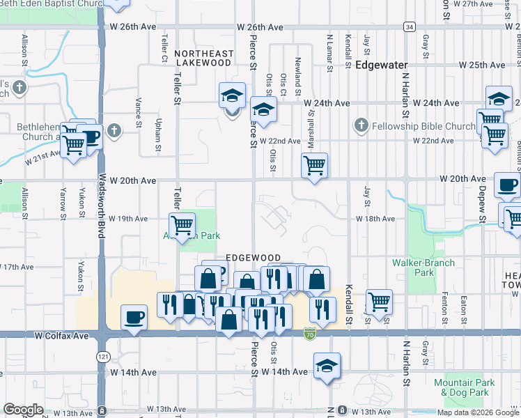 map of restaurants, bars, coffee shops, grocery stores, and more near 1801 Pierce Street in Lakewood