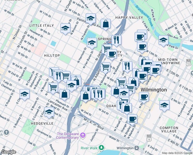 map of restaurants, bars, coffee shops, grocery stores, and more near 5 Beatty Place in Wilmington
